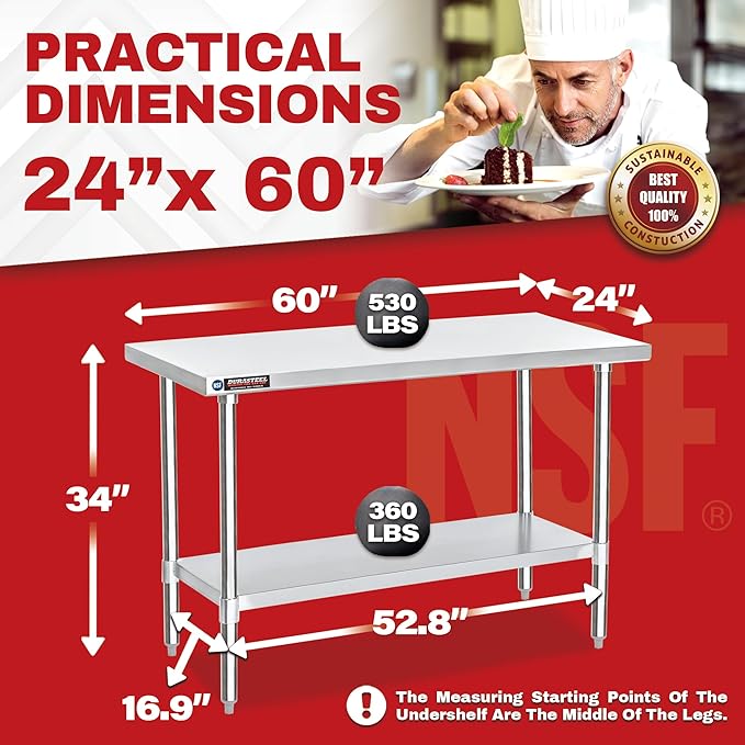 DuraSteel 24x60 Stainless Steel Work Table - NSF Commercial Prep Metal Table - Outdoor Pizza Oven Stand w/Under Shelf - Kitchen Island Laundry Utility Garage Microwave Stand Large Rolling Storage Cart