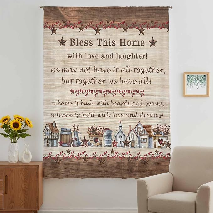 Farmhouse Sheer Curtains 45 Inch Length Brown Country Star Berry Vintage Wood