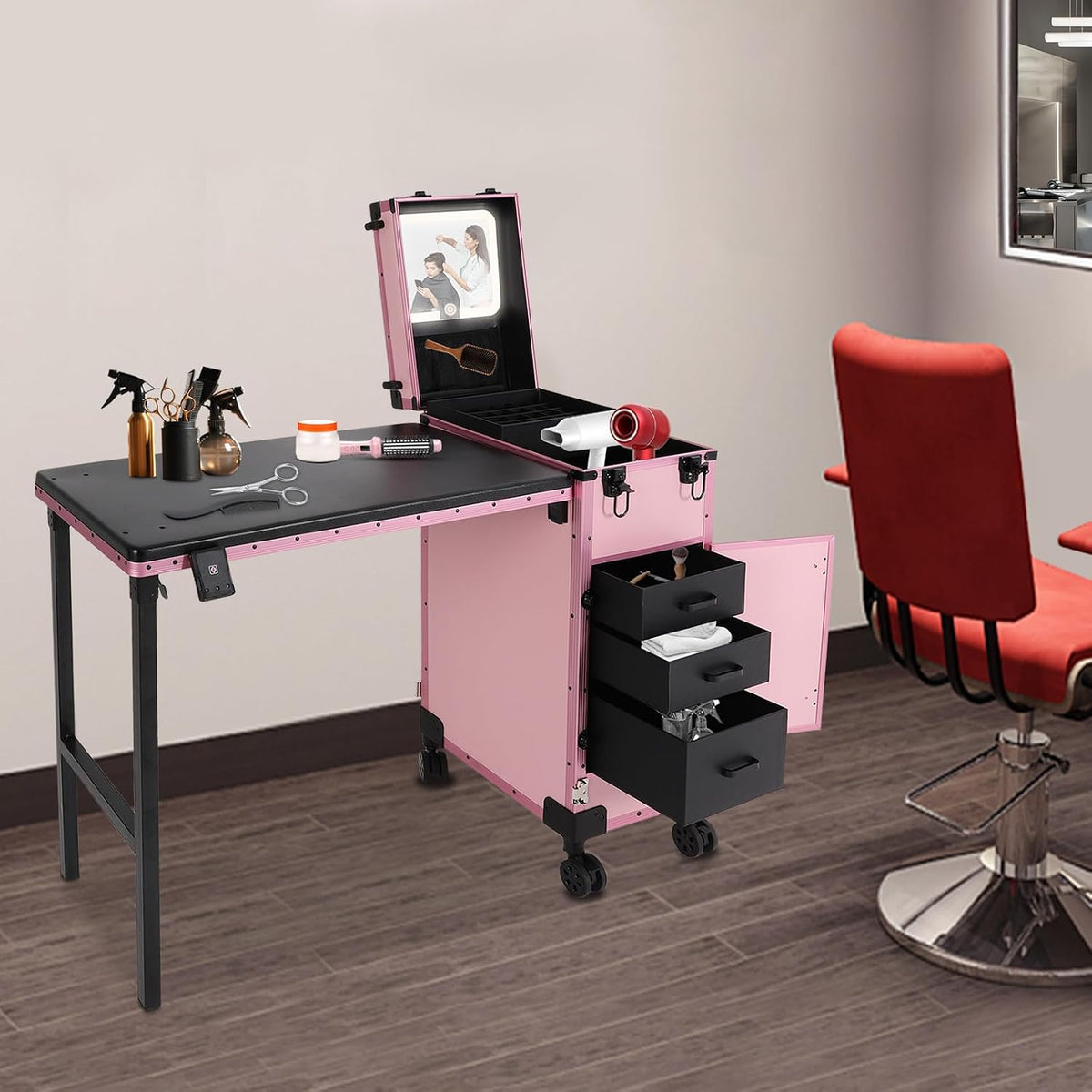 Professional Rolling Makeup Case, Foldable Nail Tables, Portable Manicure Table with 3 Drawers & LED Mirror, Trolley Storage Organizer, Pink Lockable Nail Table, Artist Travel Organizer