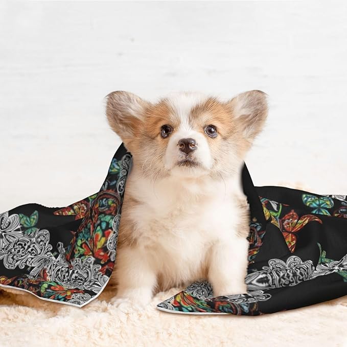Dog and Cat Blanket in One, Butterflies Mandala Rainbow Art Black and White, Double Sided Plush Throw with Raised Dot Pattern on One Side and Flat Velvet on Other for Variety