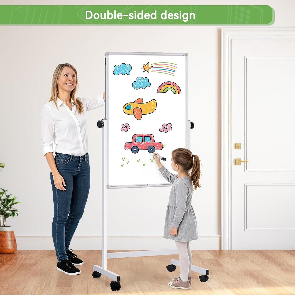 Rolling Whiteboard on Wheels 48" x 32" Aluminum Frame