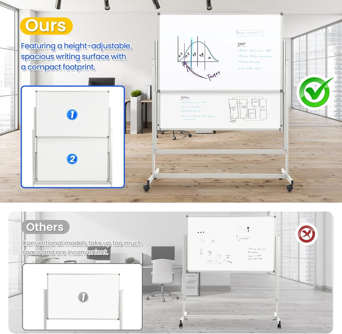 60 x 48 in Rolling Whiteboard Height Adjustable White Board on Wheels