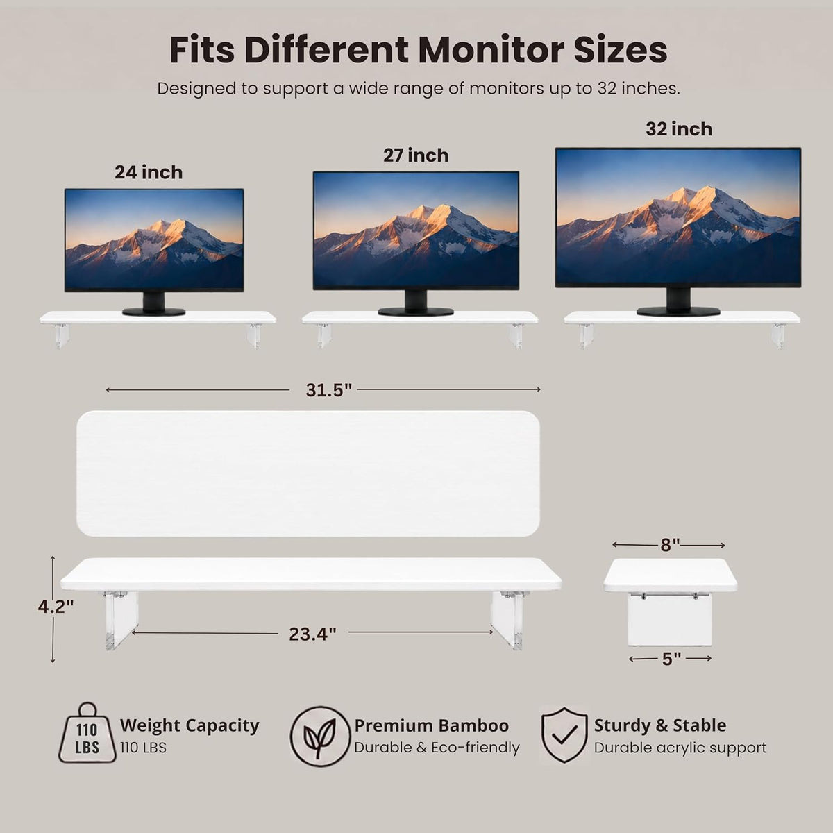Bamboo Monitor Riser, Wide Desktop Monitor Stand for Desk with Clear Acrylic Legs, 31.5 x 8 inch Bamboo Wood Shelf, Fit Keyboard, Home Office Workspace Accessories, Study Stationaries Storage (White)