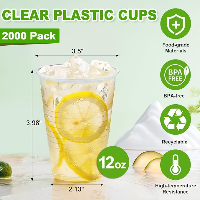 SIUQ 2000 Pack 12 oz Clear Plastic Cups, Bulk Disposable Water Cups | Cold