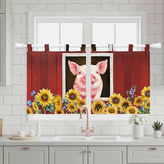 Pigs Sunflowers Kitchen Curtains 36 Inch Length, Small Window Curtains Tab Top