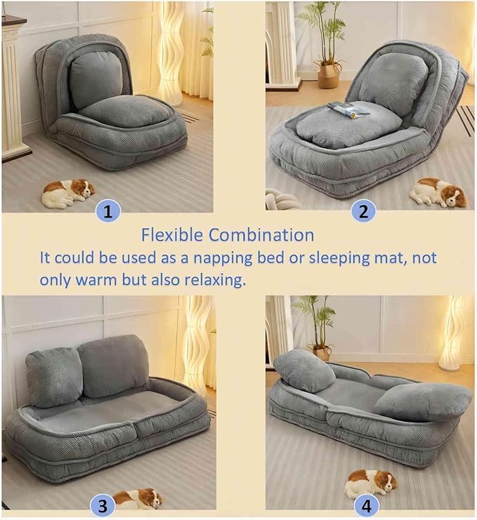 Adjustable 5-Position Human Dog Bed for People, Big Comfy Plush Floor Gaming Lazy Sofa Chair with Pillows & Back Support, Foldable Lounge Loveseat Couch for Living Room Bedroom (Gray)