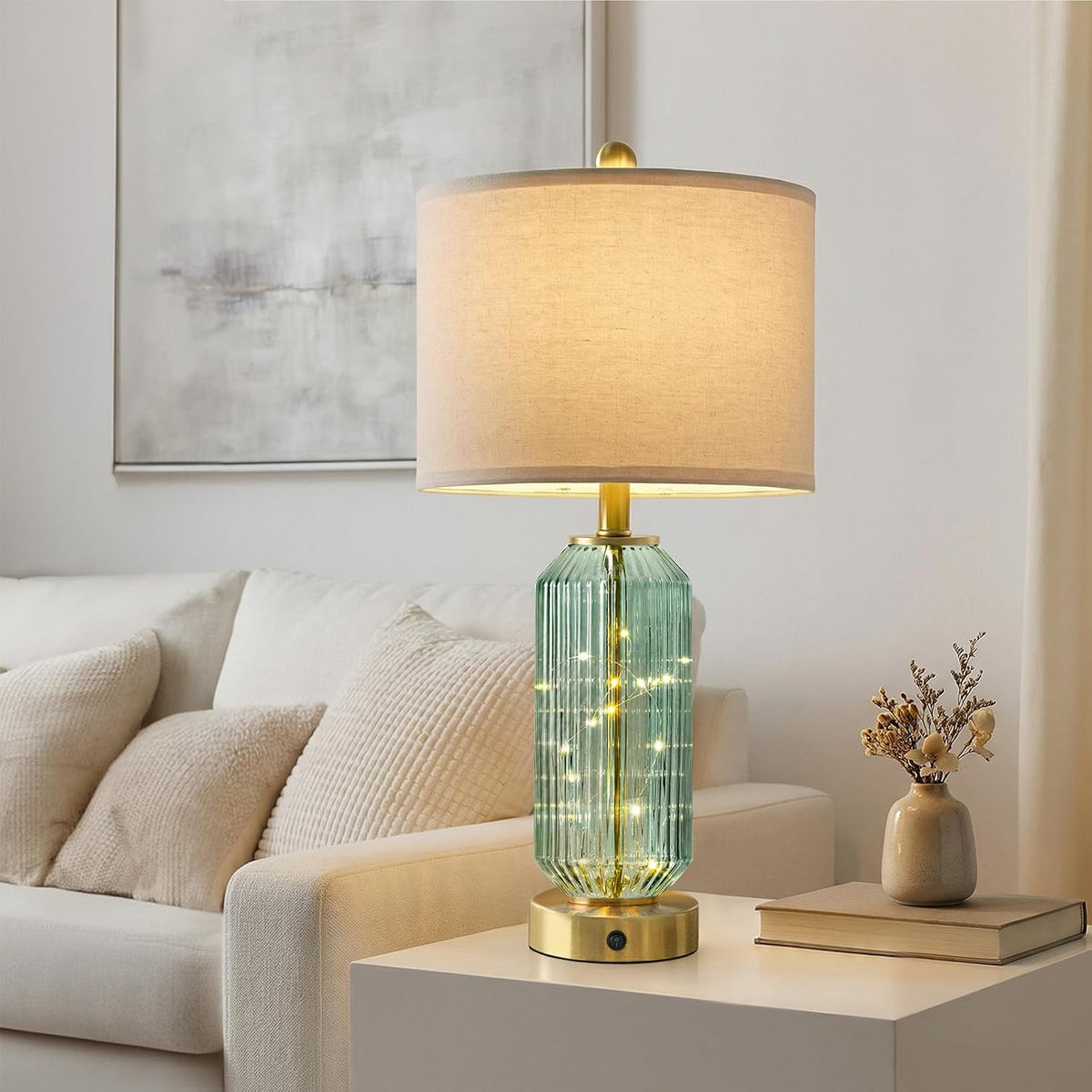 Oneach 24.5" Bedside Table Lamps Set of 2, Green Glass Nightstand Lamps with USB A+C Charging Ports and Night Light, Gold Modern Lamps for Bedroom, Living Room, End Table (2 Bulbs Included)