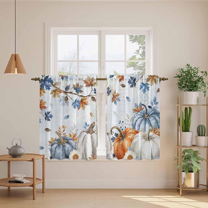 Fall Blue Maple Kitchen Tier Curtains 45 Inch Long 2 Panel Set, Rod Pocket
