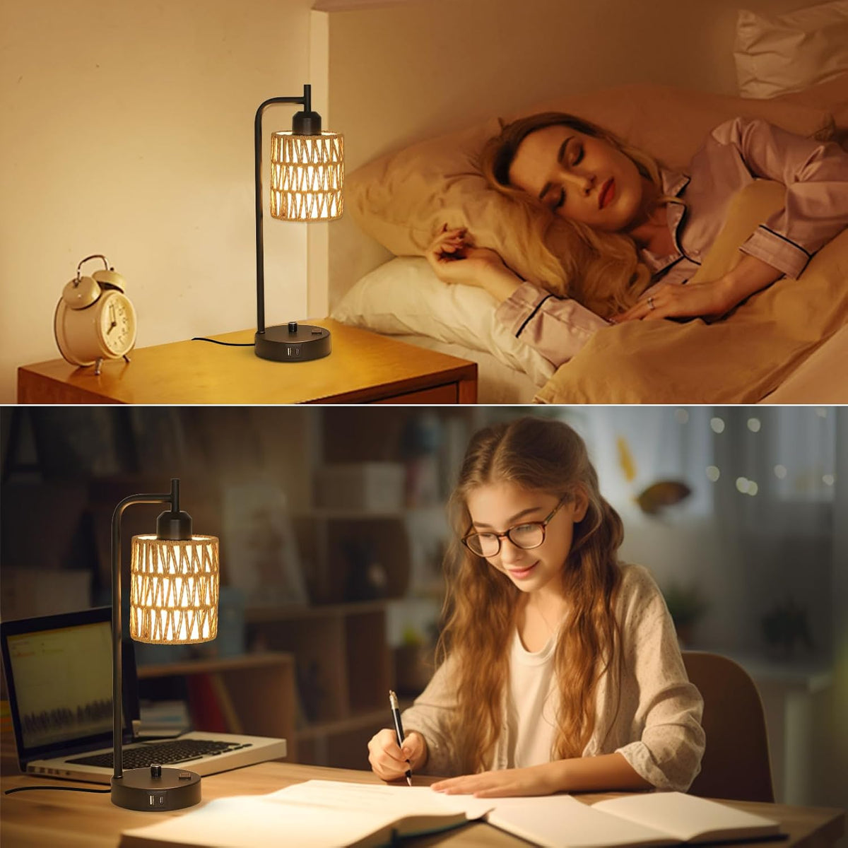 Rattan Table Lamps for Living Room Set of 2, Boho Bedside Lamps with LED Bulbs, USB Charging Ports and Outlet, Farmhouse Nightstand Lamp with Woven Shade, Black Desk Lamp for Bedroom Office