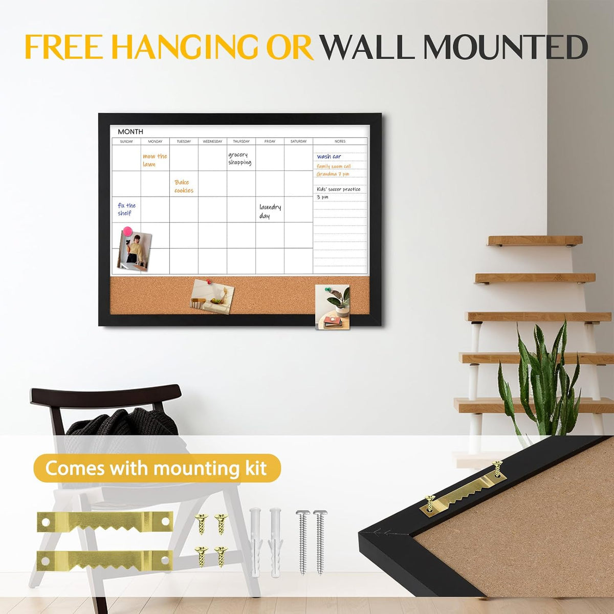 Calendar Whiteboard for Wall, 36" x 24" Dry Erase Monthly Cork White Board