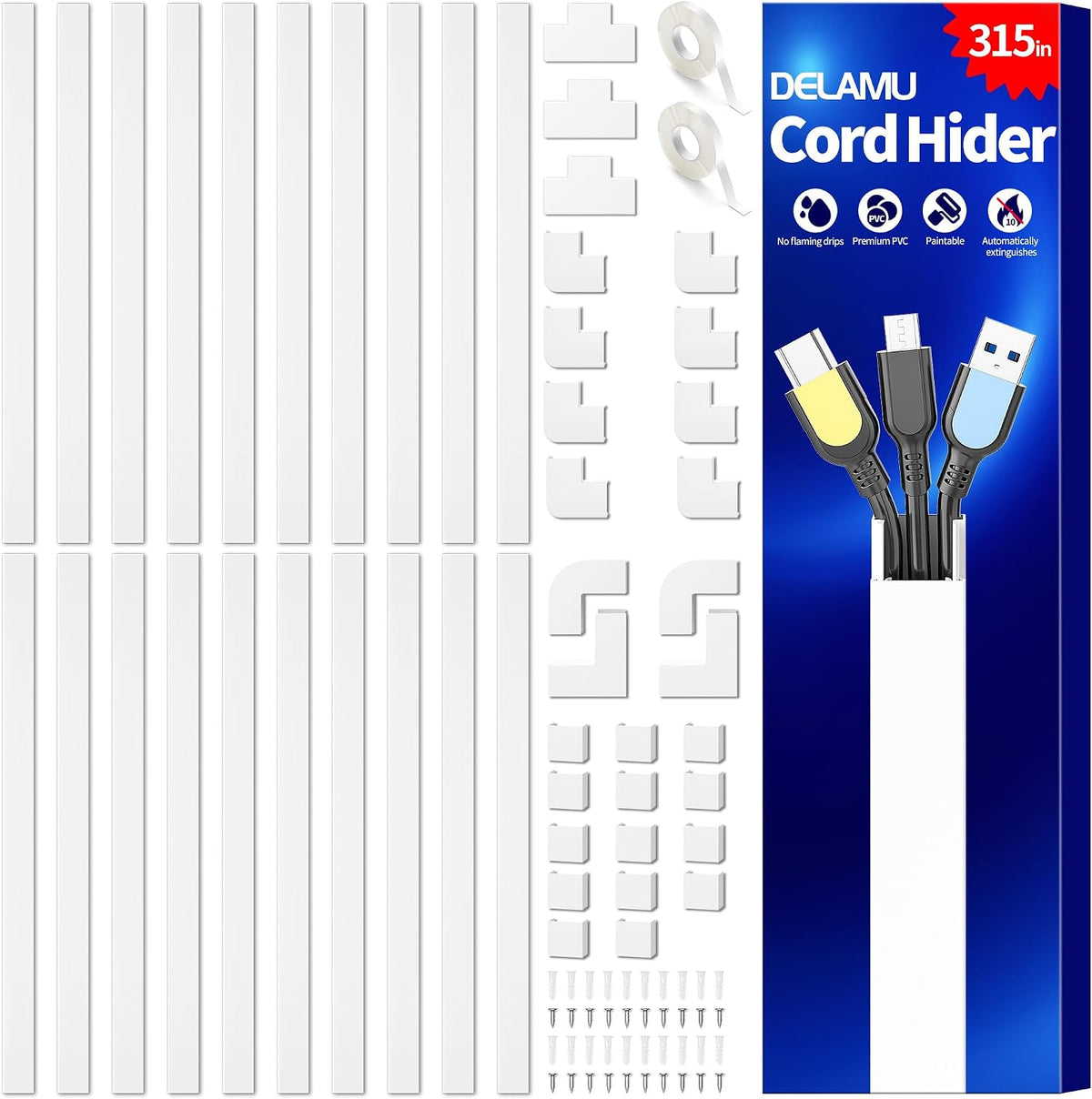 Delamu Cord Hider, 315in Wire Covers for 2-3 Cords on Wall, Premium Cable Hider Cord Covers for Wires on Wall, Cable Management Wire Hiders for TV, Cable Raceway Kit, L15.7 x W0.95 x H0.55 in, White