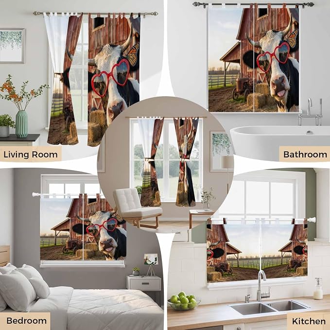 Farm Cows Living Room Curtains 84 Inch Length, Window Curtains Tab Top