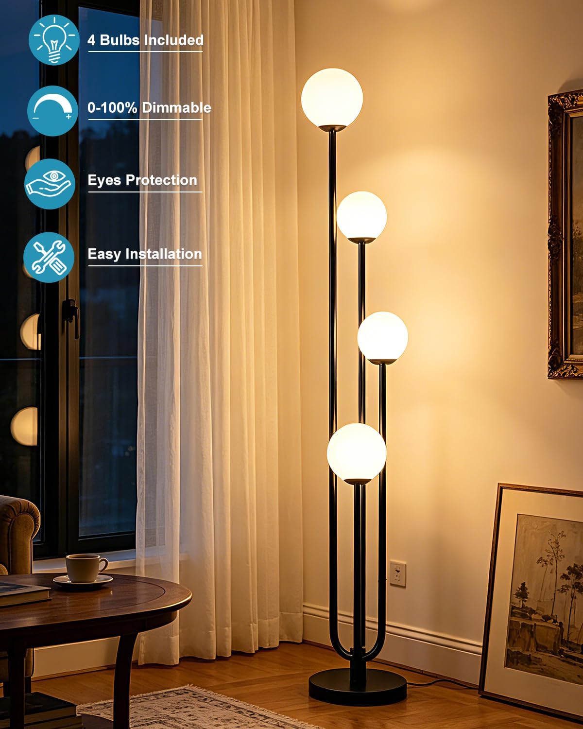 63IN 4-Light Globe Floor Lamp, Unique Black Tall Standing Lamps with 3000K Bulbs for Reading, Mid Century Modern Floor Lamp with 5Lbs Heavy Base for Living Room Bedroom Office