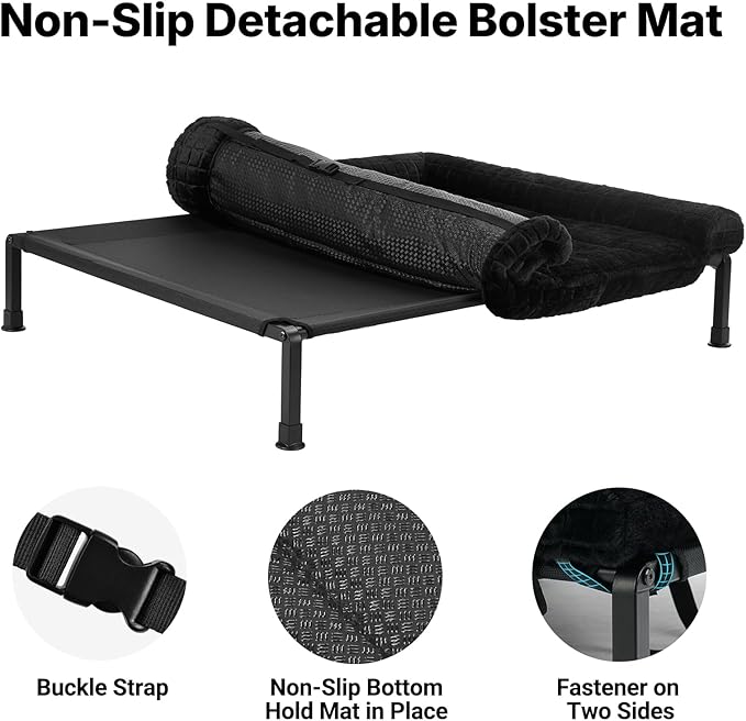 Veehoo Elevated Dog Bed Large Sized with Fluffy Plush Bolster Cushion, Washable Orthopedic Dog Couch Bed, Cooling Raised Pet Cot with Removable Mat, Breathable Mesh, No-Slip Feet, 42x 30 inches, Black