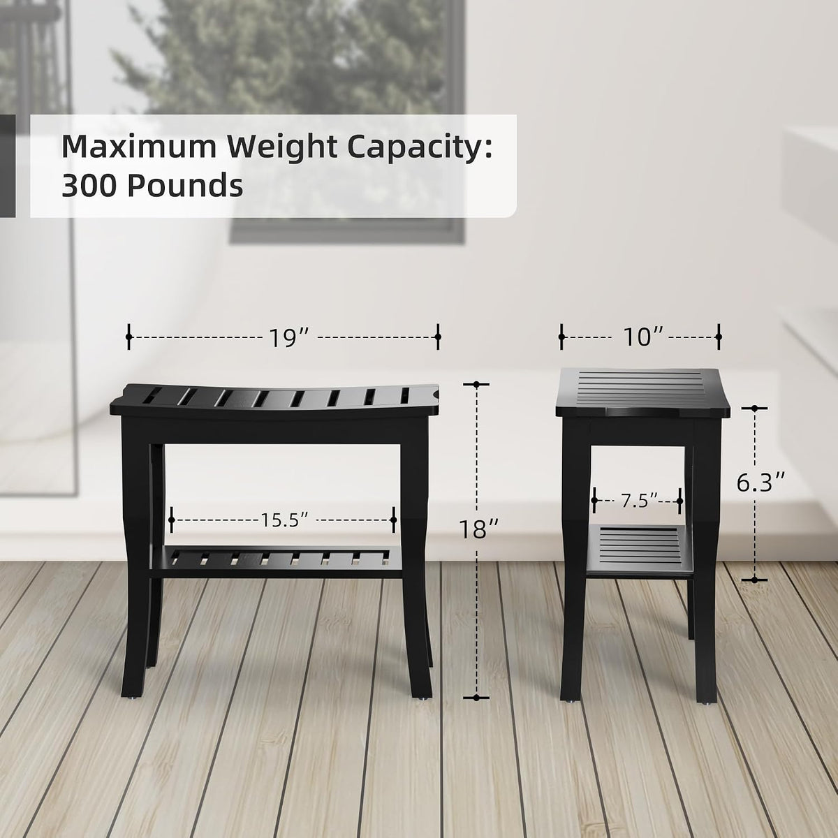 Domax Bamboo Shower Bench & Stool Waterproof - Wood Shower Bench with Storage Shelf for Inside Shower(Black)