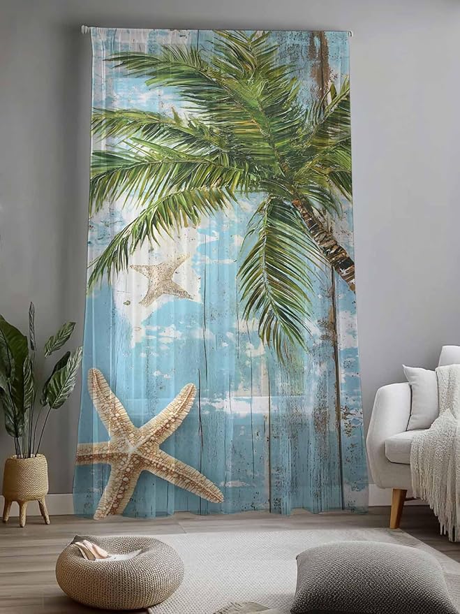 Sheer Curtains 108 Inches Long, Coastal Beach Blue Semi Sheer Curtains Light