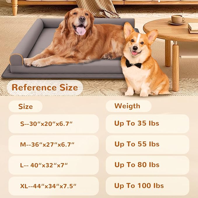 XL Dog Bed Orthopedic Memory Foam Pet Bed Waterproof with Anti-Slip Mat Washable Big Dog Couch Indestructible (Grey)