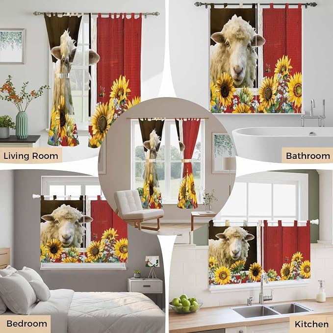 Sheep Flowers Kitchen Curtains 36 Inch Length, Small Window Curtains Tab Top