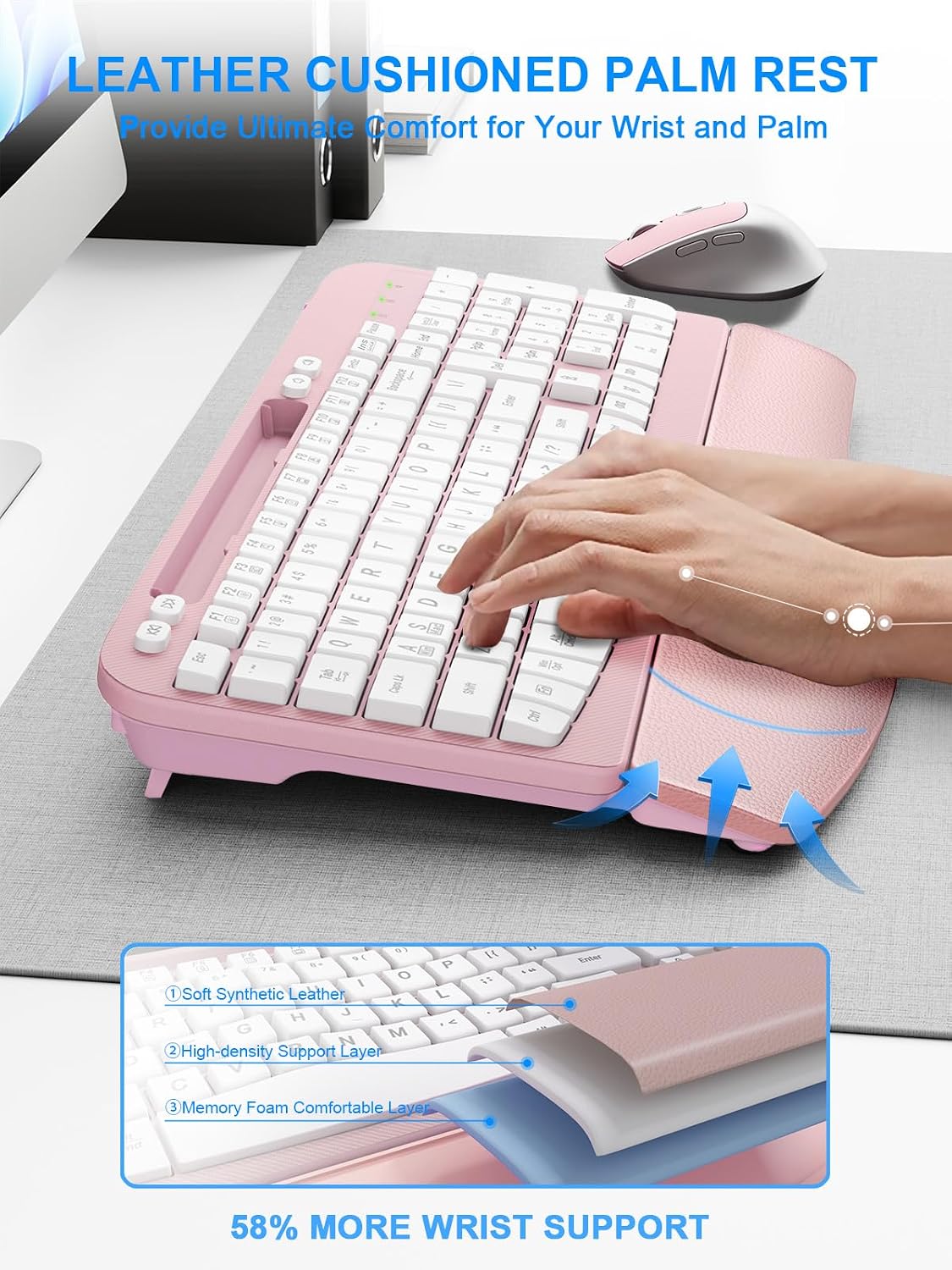 Hayyiesh Ergonomic Wave Keys Wireless Keyboard and Mouse Combo, Full Size with Memory Foam Wrist Rest & Phone Holder, 2.4G Cordless Set with USB-C Adapter for Windows Mac Desktop Laptop (Pink)