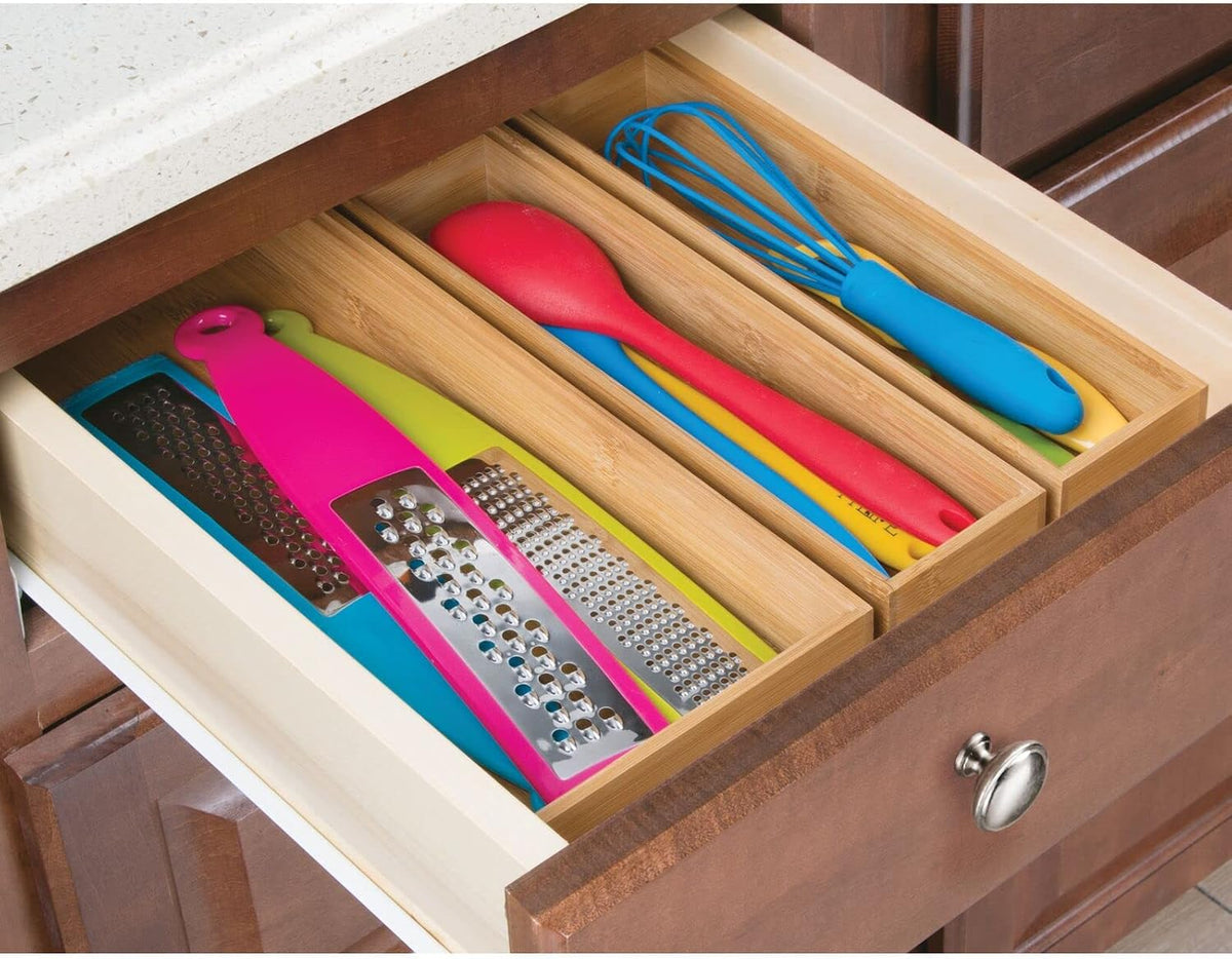 mDesign Wooden Bamboo Drawer Organizer - 15" Long Stackable Storage Box Tray for Kitchen Drawers/Cabinet - Utensil, Silverware, Spatula, and Flatware Holder - Echo Collection - 2 Pack, Natural Wood