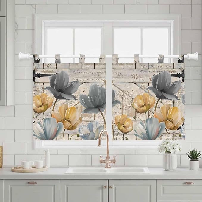 Spring Tulips Flower Kitchen Curtains 24 Inch Length, Small Window Curtains Tab