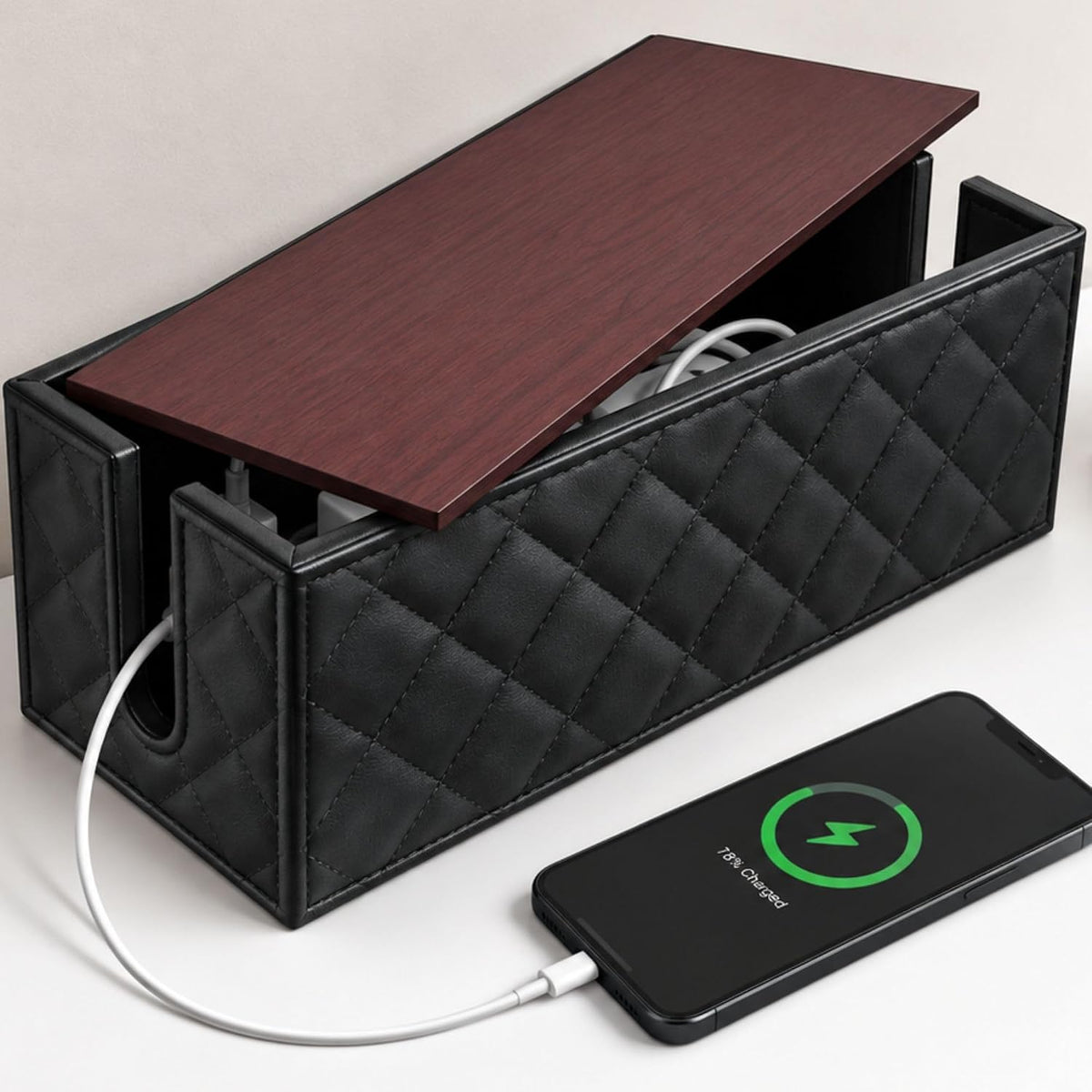 Premium Cable Management Box | Leather Cord Organizer Box with Lid (Black)