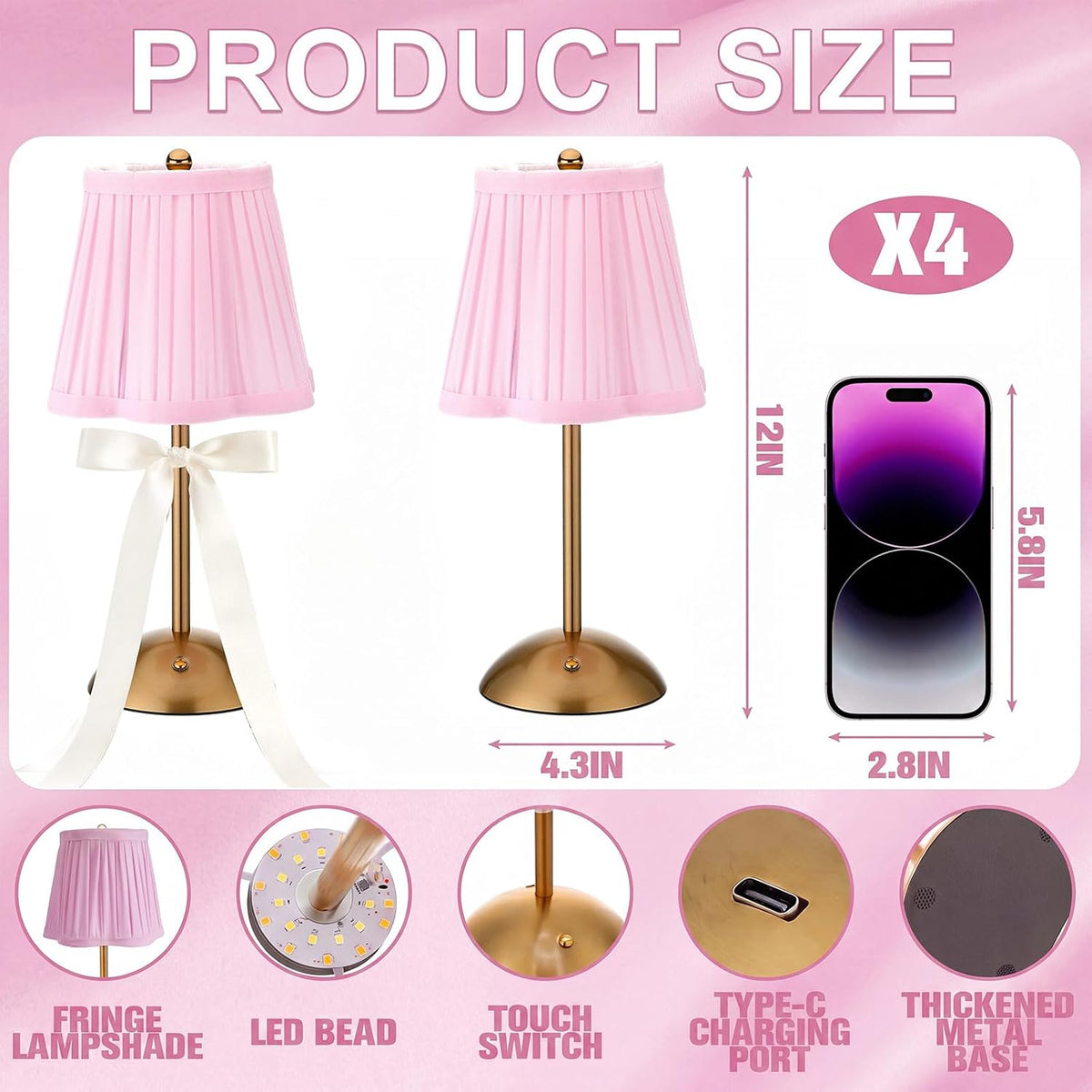 Wedding Cordless Table Lamp Rechargeable, Pink, 4 Pack