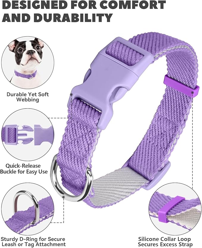 Dynmeow Soft and Breathable Cotton Dog Collar, Durable Adjustable Heavy-Duty Female Girl Pet Collar with Quick-Release Buckle, Lightweight for Sensitive Skin for Medium and Large Dogs, Purple, M