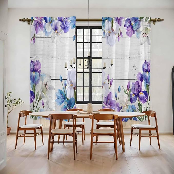 Spring Flowers Kitchen Curtains, Watercolor Garden Florals Wooden Grain Light