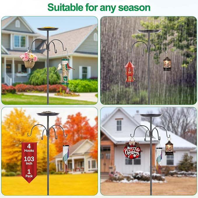 4-Hook Shepherds Hooks for Outdoor, 103" Heavy Duty Bird Feeder Pole with 5 Prongs Base, Adjustable Garden Hook for Plant Baskets, Hummingbird Feeder, Lantern, Solar Light, Garden Hook for Outside