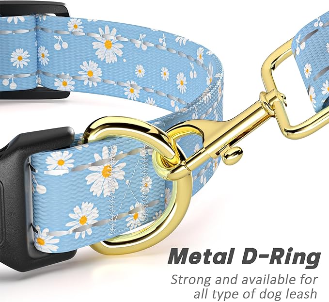 Reflective Dog Collar for Large Dogs, Cute Daisy Theme Adjustable Heavy-Duty Nylon Puppy Collar for Boy and Girl Female, Soft Pet Accessories with Quick Release Buckle, Neck 16-24", Blue