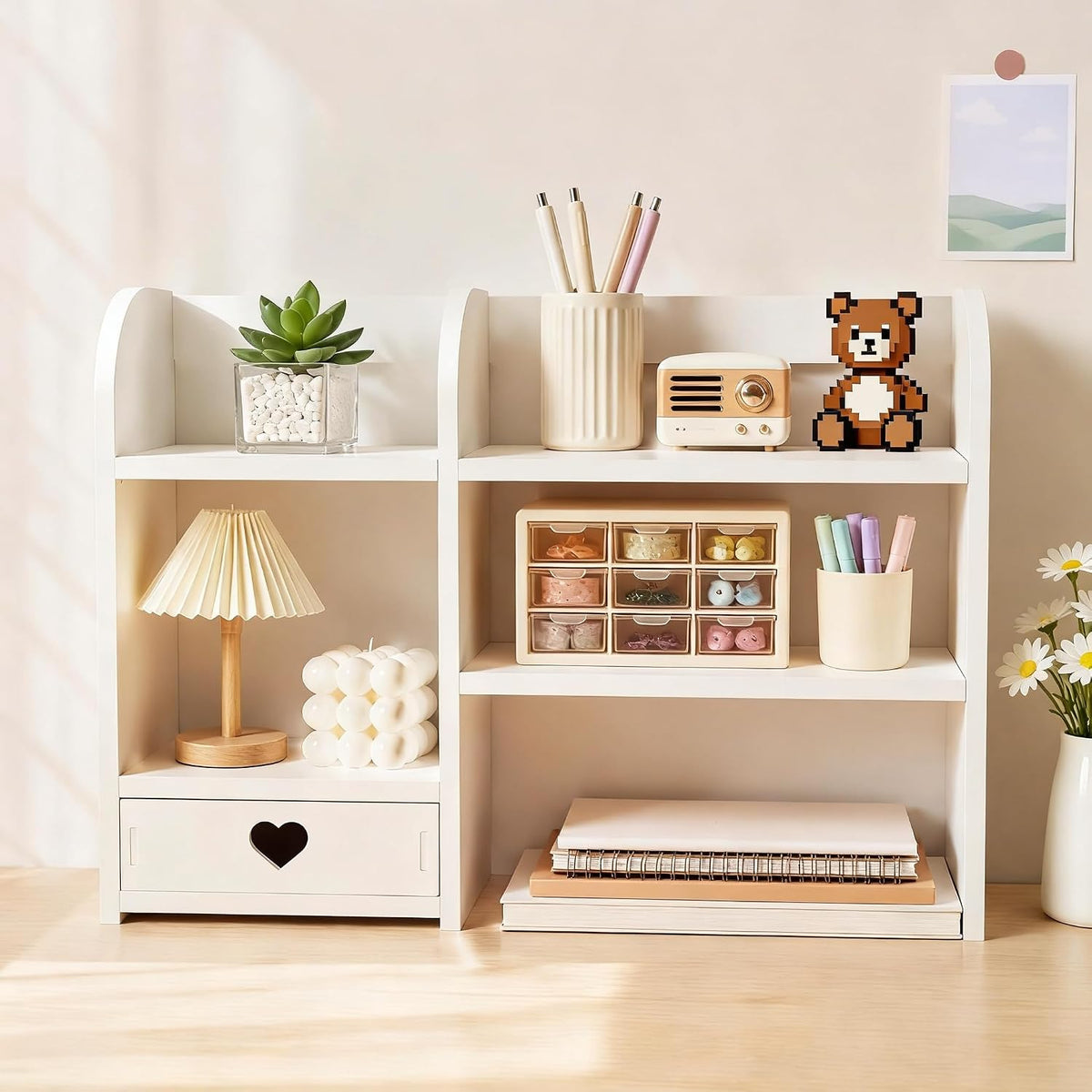 White Heart Drawer Bookshelf, Desktop Organizer with 3-Tier Heart-Shaped Drawers, Thickened PVC Storage Shelf for Desk, Office, Dorm
