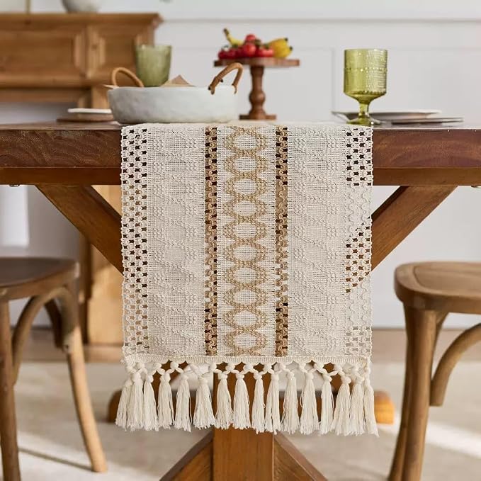 Boho Table Runner for Christmas, Woven Cream & Brown Macrame Dining Table