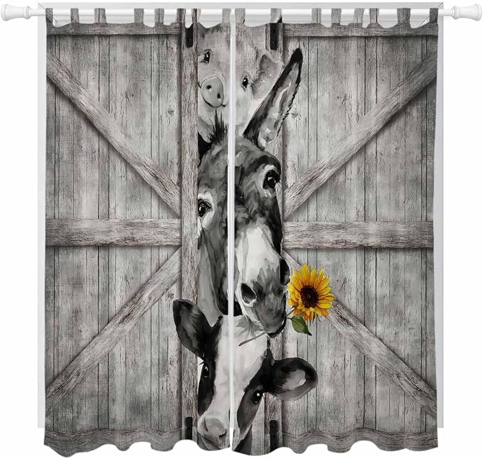 Funny Farm Animals Living Room Curtains 96 Inch Length, Window Curtains Tab Top