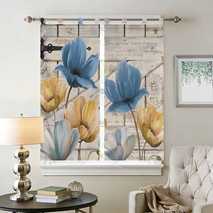 Blue Yellow Tulips Bathroom Curtains 63 Inch Length, Window Curtains Tab Top