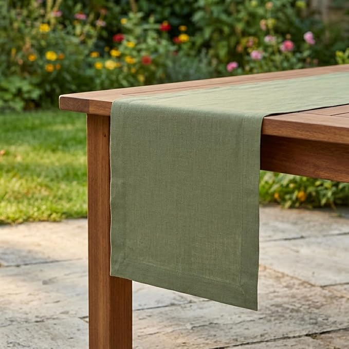 Solino Home 100% Pure Linen Table Runner Oil Green Woven, Fete 14 x 72 in |