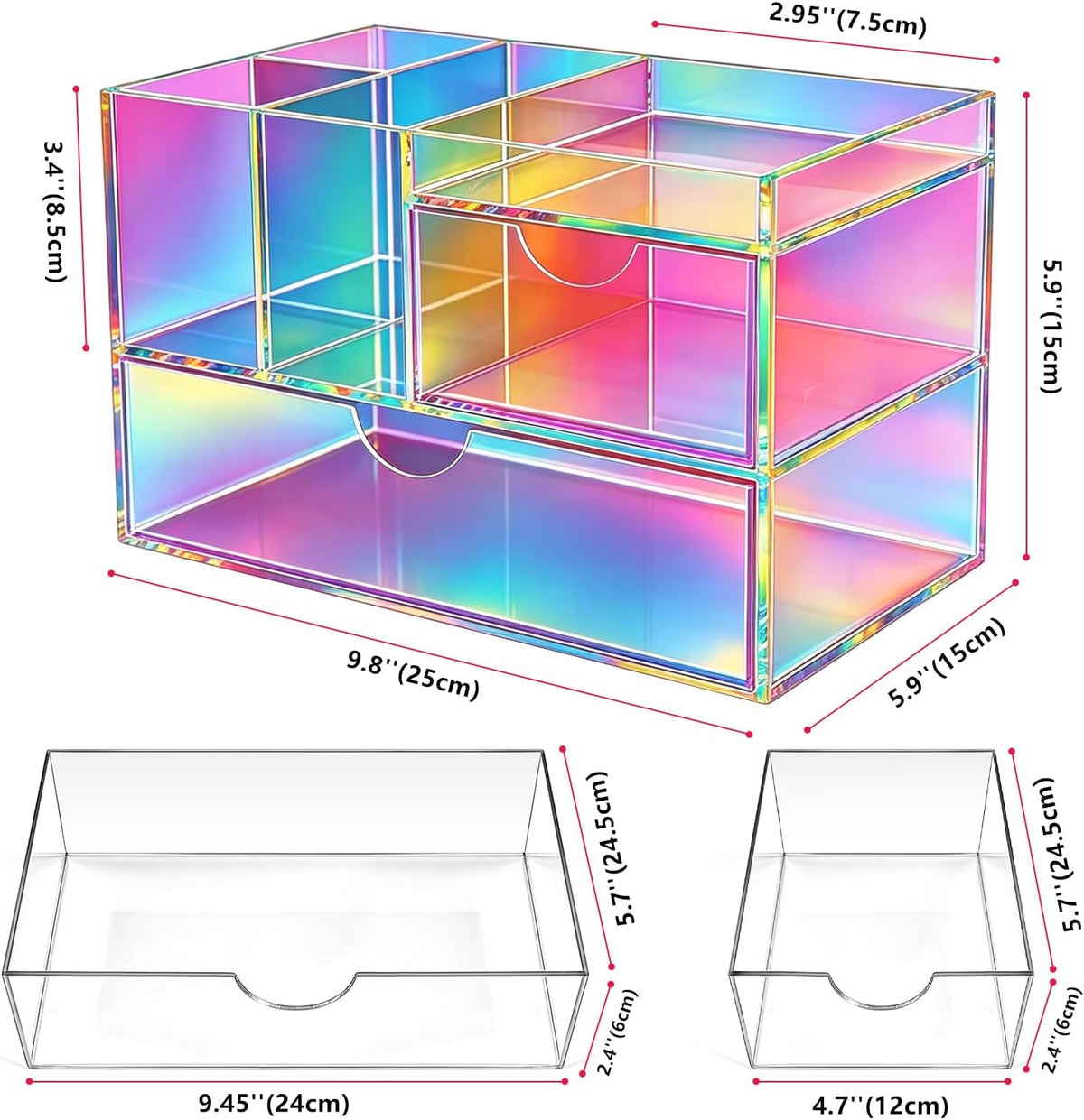 Desk Organizer with Drawers Acrylic Desktop Organizer Pen Holder Caddy for Office Supplies Makeup Organizer for Vanity, Iridescent