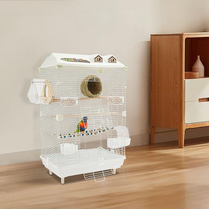 Two-Tier Bird Cage White Large Birdcage with Stand Food Containers Flight Cage for Parrot Lovebirds Finches Canaries Pigeons Parakeets Cockatiels