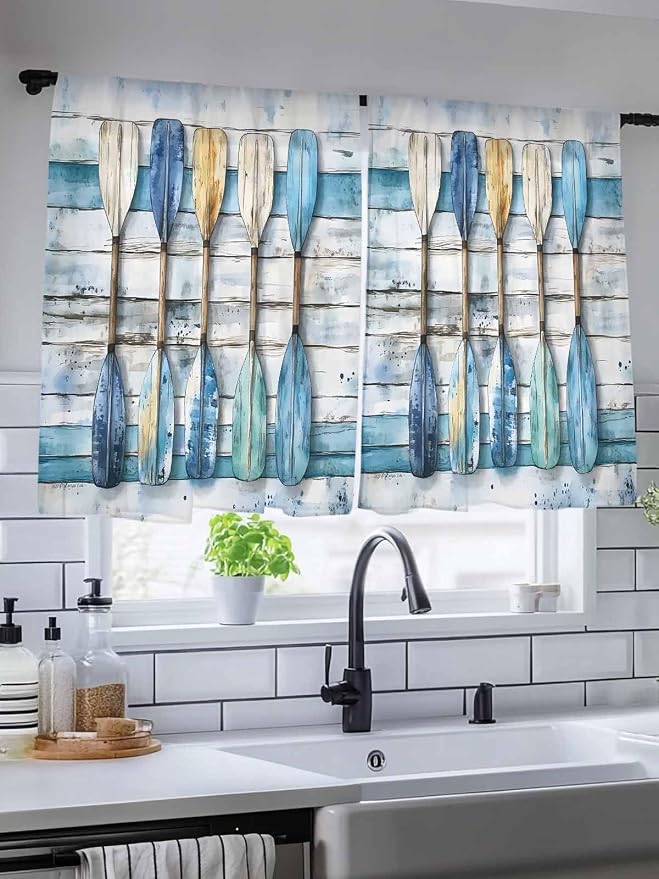 Sheer Curtains 45 Inch Length, Lake Paddle Striped Semi Sheer Curtains Light