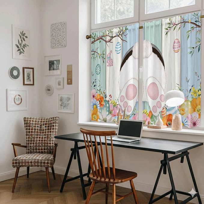 Easter Kitchen Tier Curtains 45 Inch Long 2 Panel Set, Rod Pocket Short Window