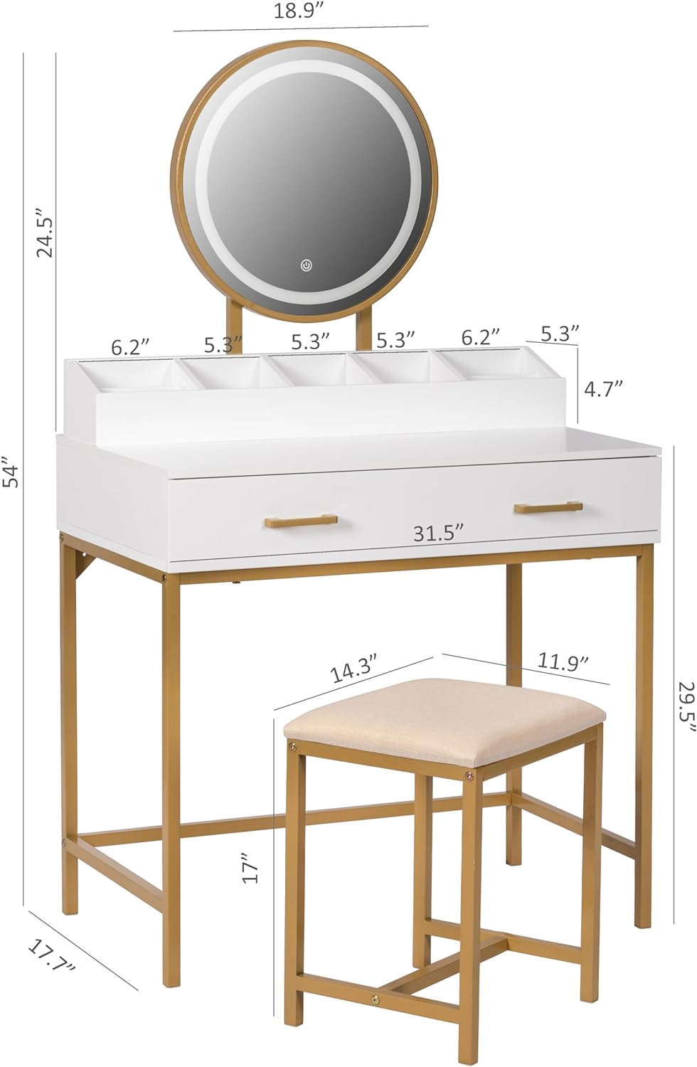 UTEX Makeup Vanity Desk Set with Mirror and Lights White and Gold