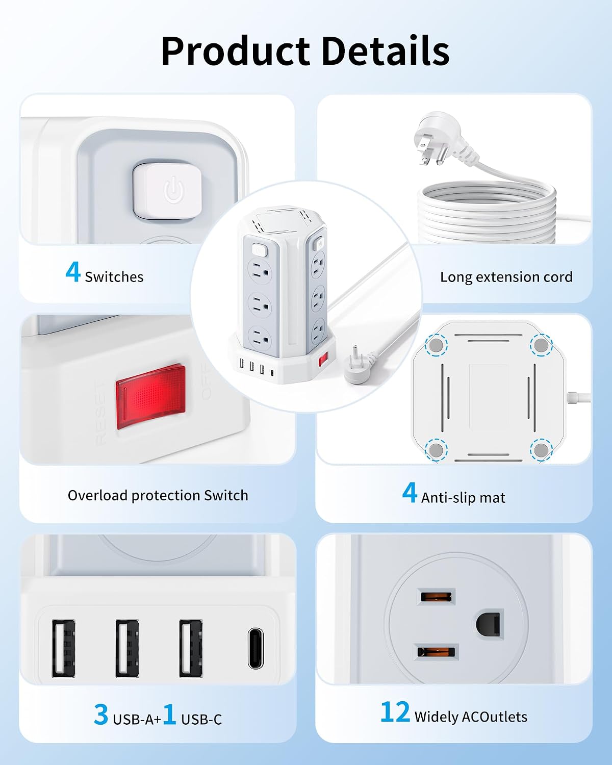 Power Strip 10 Ft Extension Cord with 12 AC Multiple Outlets 4 USB (1 USB C), SMALLRT Power Strip Tower Desktop Charging Station for Home Office College Dorm Essentials