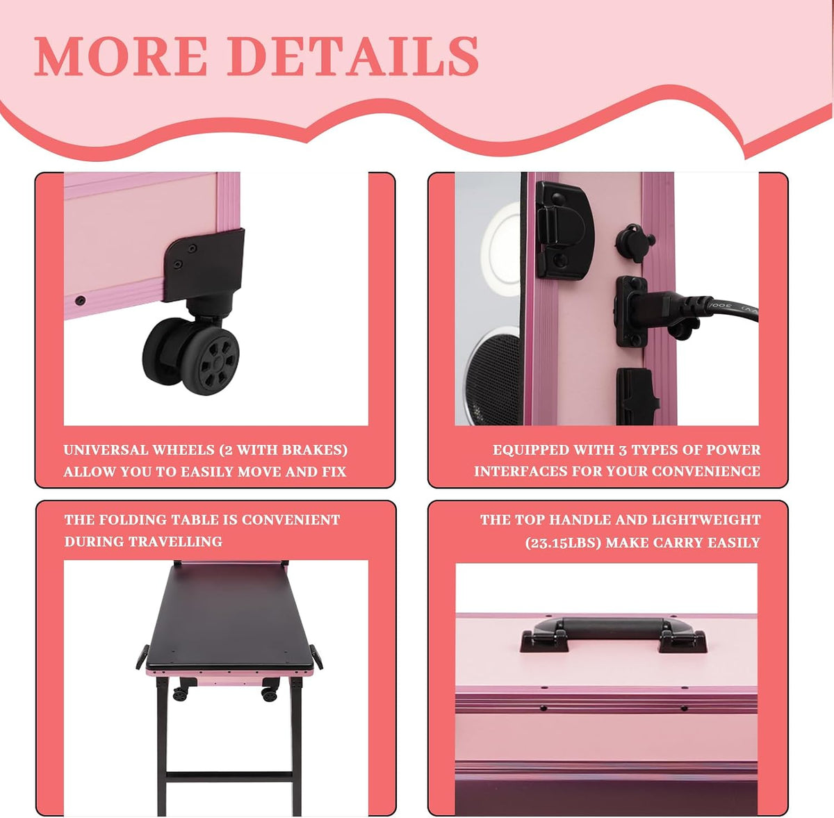 Rolling Makeup Train Case with 4 Drawers&Mirror, Foldable Makeup Nail Desk with Table&Blueteeth Speaker, Lockable Manicure Table for Technician Workstation Salon (Pink)