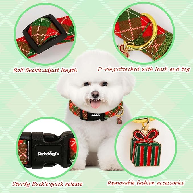 Small Christmas Dog Collar, Adjustable Dog Christmas Collars, Red Green Plaid Puppy Collar, Cute Dog Collars Holiday Collar for Girl Boy Dogs-S