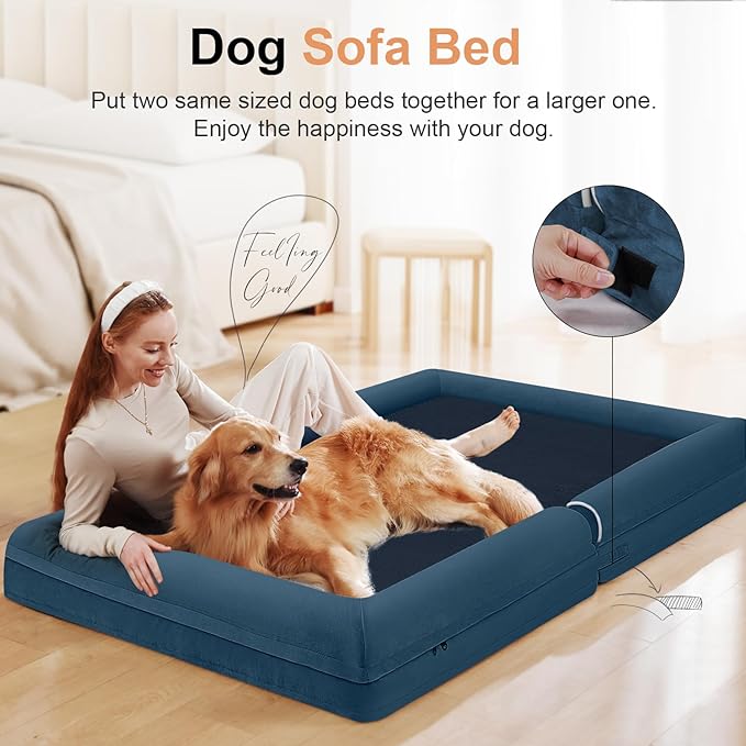 Large Dog Bed Orthopedic Washable: Beds Bolster XL Bed Big XLarge Dogs Memory Foam Sofa Couch Waterproof Removable Cover - Navy Blue
