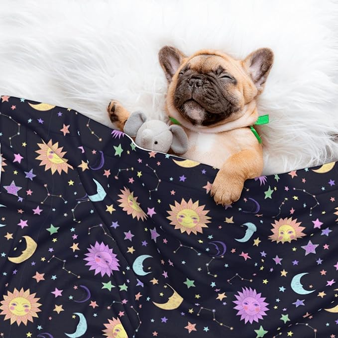 Double Sided Pet Bed Blanket for Added Cushion Warmth, Trippy Sun Moon Stars, Reversible Cover with Textured Dot Surface for Existing Beds Standalone Mat