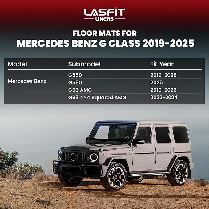 LASFIT Floor Mats for Mercedes Benz G Class 2026 2025 2024 2023 2022-2019 G550 / G580 / G63 AMG, All Weather TPE Custom Fit Car Mats for Benz G Class Floor Liners 2019-2026, 1st & 2nd Row Set, Black