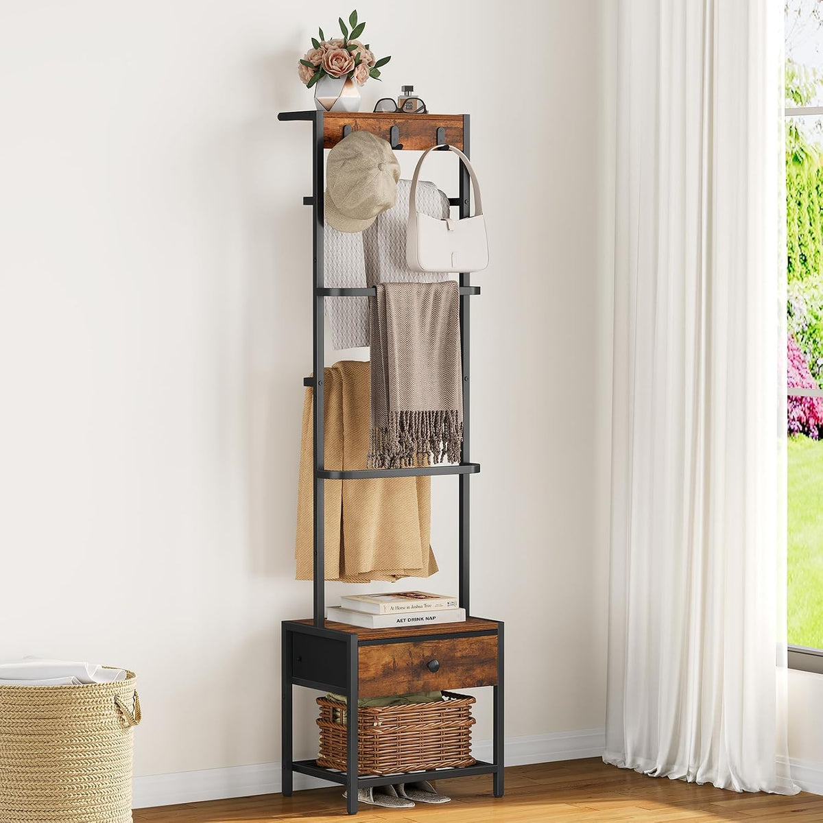 Snughome 8-Tier Blanket Ladder with Storage Drawer & Hooks for Living Room