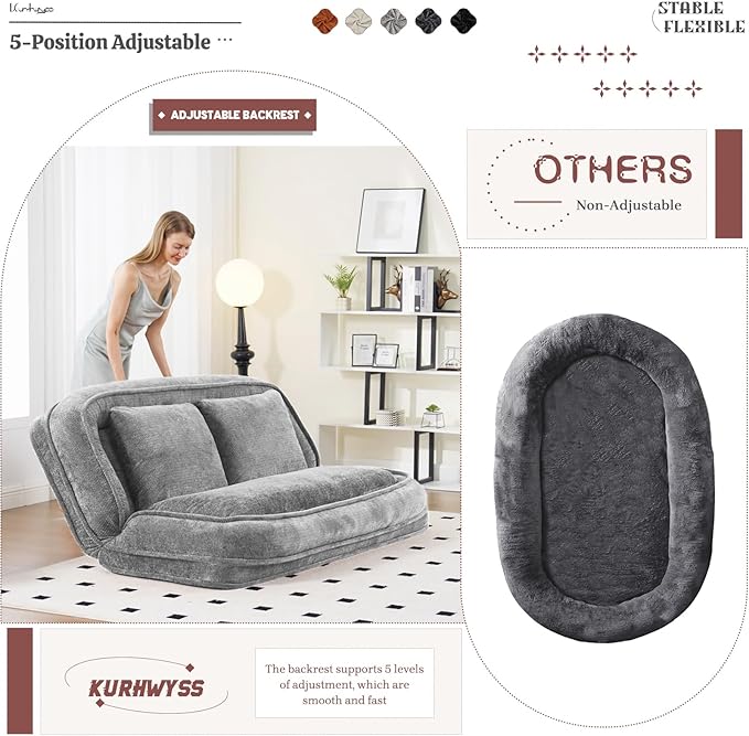 Extra Large Human Dog Bed for Adult & Pets, Convertible Floor Sofa Bed with 5 Adjustable Position, Lazy Couch Giant Bean Bag Lounge Chair Comfy Tatami with 3 Pillows for Bedroom Living Room (Grey)