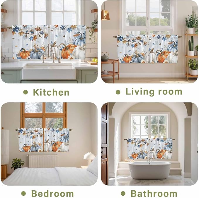 Fall Blue Maple Kitchen Tier Curtains 36 Inch Long 2 Panel Set, Rod Pocket Half